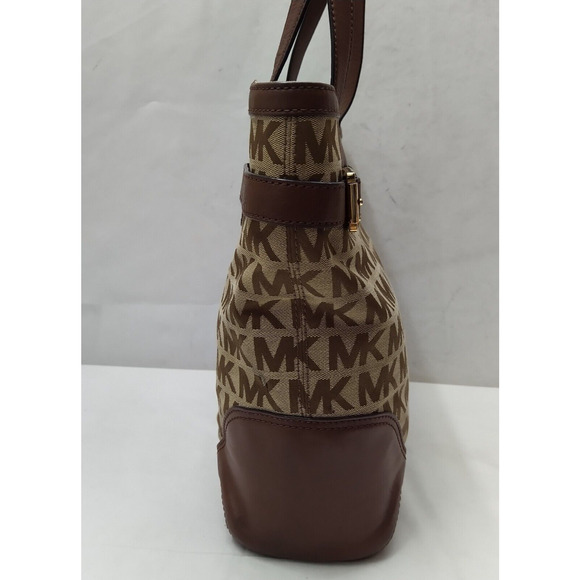 Michael Kors Brown Canvas Leather Trim MK Printed Double Handle Zipper Tote Bag - Picture 5 of 16